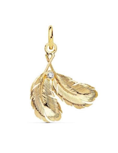 Colgante en Oro con Plumas Cruzadas y Circonita Central - Oro Amarillo 18K