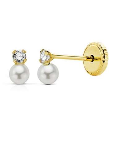 Pendientes oro  para bebe perla con circonita 4x2.5mm