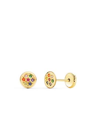 Pendientes oro  circulares con circonitas de colores (6mm)