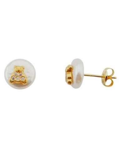 Pendientes oro perla con osito y circonitas (10mm)