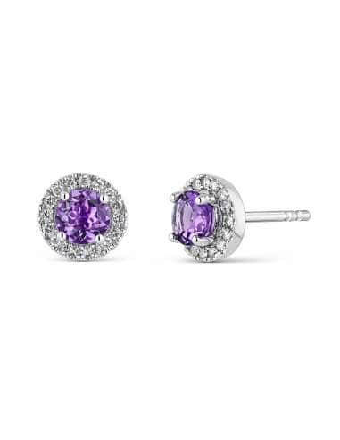 Pendientes para Niña en Oro cerco de circonitas con  Amatista Central - Oro Blanco 18K