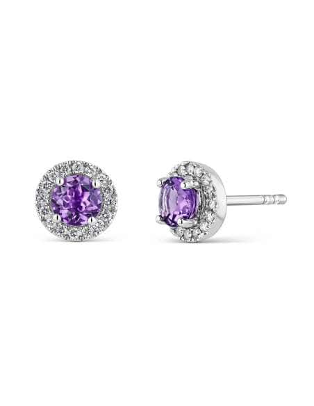 Pendientes para Niña en Oro cerco de circonitas con  Amatista Central - Oro Blanco 18K