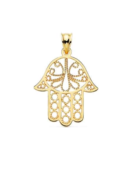 colgante mano de Fátima oro 18k, colgante calado oro protección, joya simbólica oro mujer, colgante oro amuleto, colgante hamsa