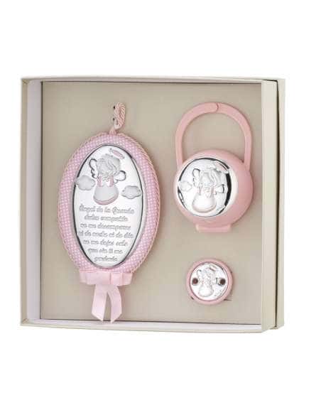 Set Infantil Portachupetes con pinza y Medallón Ángel de la Guarda Rosa - Eventi EV5104/02SR