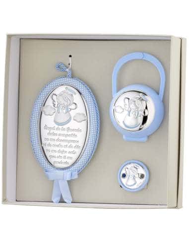 Set Infantil Portachupetes con pinza y Medallón Ángel de la Guarda Azul- Eventi EV5104/02SC