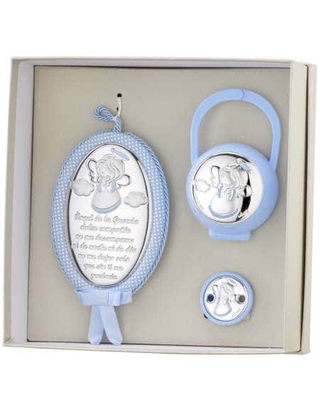 Set Infantil Portachupetes con pinza y Medallón Ángel de la Guarda Azul- Eventi EV5104/02SC