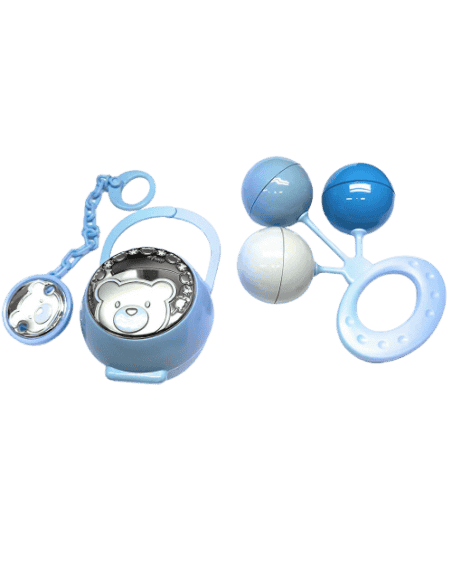 Set Infantil Portachupetes con Pinza y Sonajero Oso  Azul - Eventi EV3256/01C