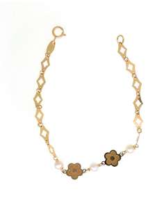 Pulsera Infantil con Motivos Florales y Perlas - Oro Amarillo 18k