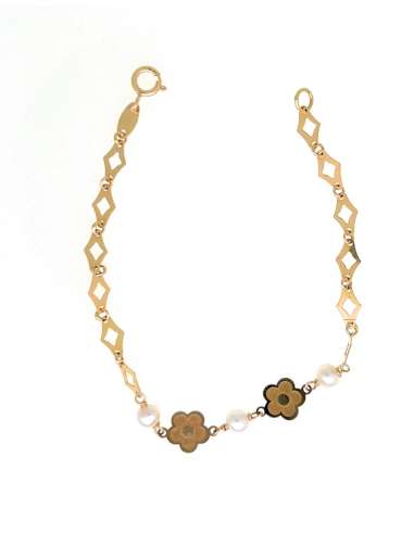 Pulsera Infantil con Motivos Florales y Perlas - Oro Amarillo 18k