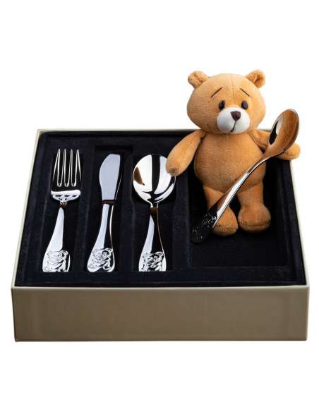 Set cubiertos 4 piezas de acero para Bebe con Oso de Peluche - LU6139 (Grabado Incluido)