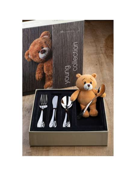 Set cubiertos 4 piezas de acero para Bebe con Oso de Peluche - LU6139 (Grabado Incluido)