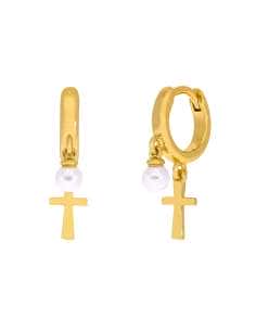 Pendientes para Mujer “Cruz y Perla” de Plata de Ley chapada en oro - Marea D03301/AP