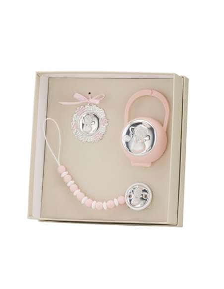 Set Infantil Porta chupetes, Pinza con mordedor y Medalla cuna EV5106/06R