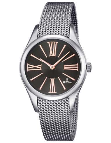 Reloj para Mujer de Acero con Correa de Malla y Esfera Negra con Números Romanos - Festina F16962/2