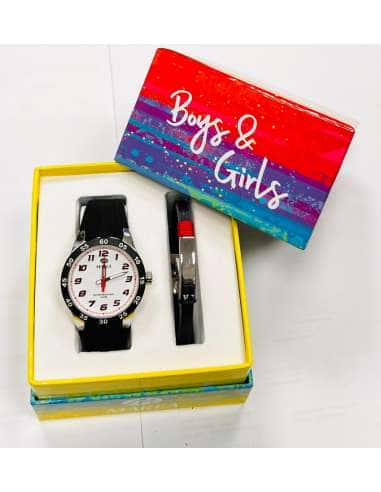 Pack Reloj y Complementos para niño esfera blanca e índices rojos con Pulsera Personalizable - Marea B35346/10