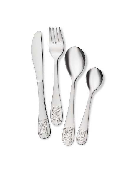 Set cubiertos 4 piezas de acero para Bebe con Oso Peluche - Global Argenti LU6139 (Grabado Incluido)