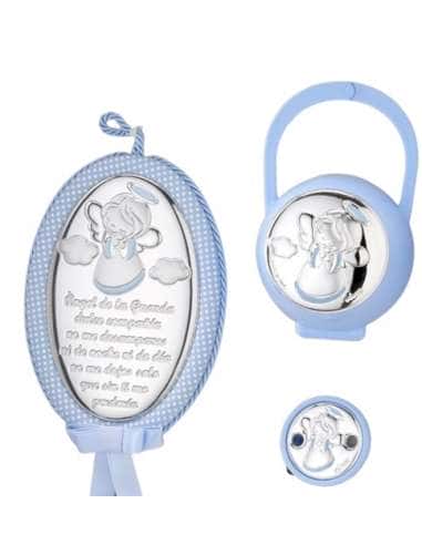 Set Infantil Portachupetes con pinza y Medallón Ángel de la Guarda Azul- Eventi EV5104/02SC
