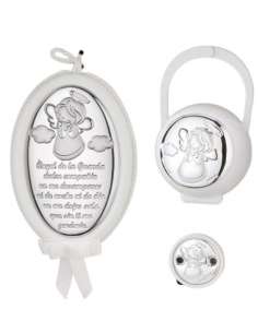 Set Infantil Portachupetes con pinza y Medallón de cuna Ángel de la Guarda Blanco - Eventi EV5104/02SB