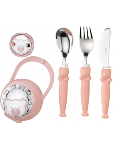 Set Infantil Portachupetes con Pinza y Cubierto Oso Rosa - Eventi EV3256/03R