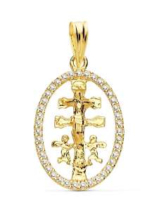 Colgante Cruz de Caravaca de oro con cerco de circonitas - Oro amarillo 18k