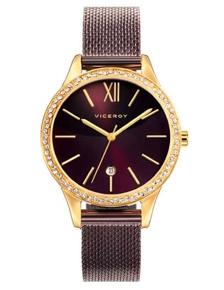 Reloj para Mujer con Correa de Malla Marrón y Esfera Burdeos con Circonitas - Viceroy 471100-43