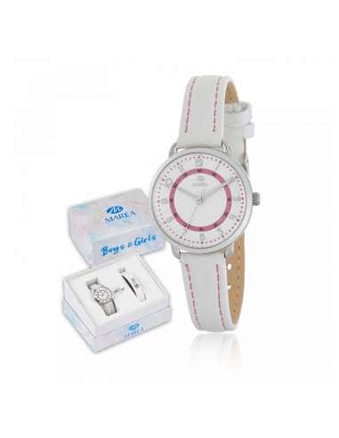 Pack Reloj y Complementos para Niña esfera blanca y rosa con pulsera de plata - Marea B41363/1