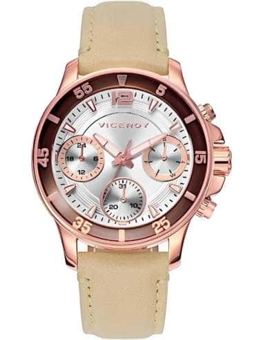 Reloj para Mujer Multifunción con Correa de Piel Beige y Caja Oro Rosa - Viceroy 42218-45