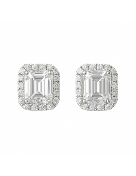 Pendientes para Mujer en oro Blanco con Cerco de circonitas y Piedra Rectangular Central - Oro Blanco 18K