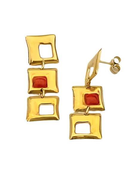 Pendiente para Mujer largo de oro Formadado por tres Cuadrados y una Coral en uno de Ellos - Oro amarillo 18K
