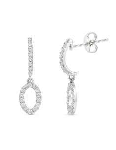 Pendientes largo para Niña en Oro de Blanco Tira y colgante en forma Oval con Circonitas - Oro Blanco 18K