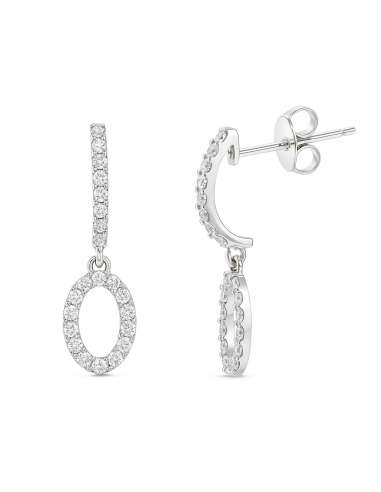 Pendientes largo para Niña en Oro de Blanco Tira y colgante en forma Oval con Circonitas - Oro Blanco 18K