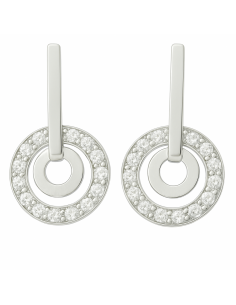 Pendientes para Mujer en Oro blanco tira plana y doble colgante redondo uno liso y el otro con circonitas - Oro Blanco 18K