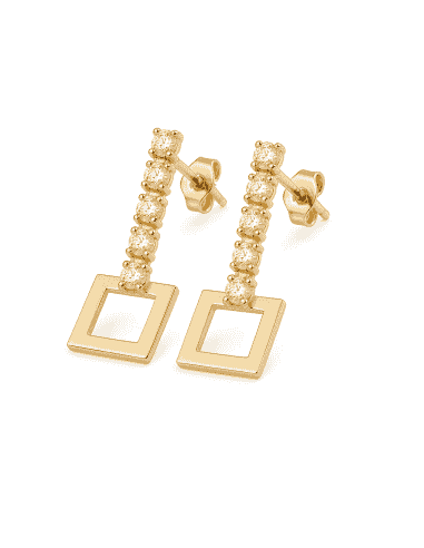 Pendientes para Mujer en Oro con Tira de 5 Circonitas y Colgante Cuadrado Calado  - Oro Amarillo 18k