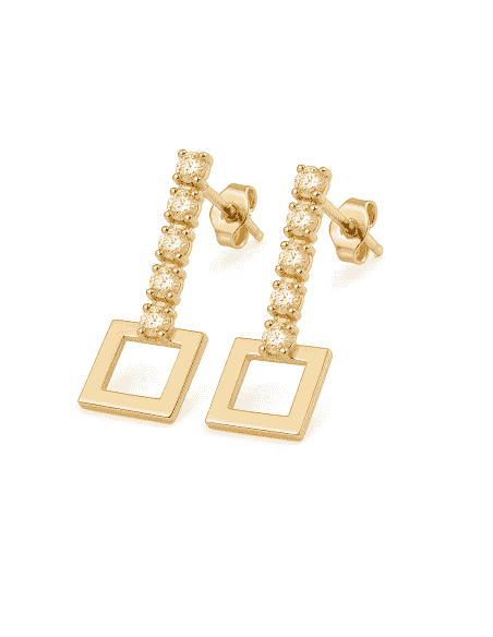 Pendientes para Mujer en Oro con Tira de 5 Circonitas y Colgante Cuadrado Calado  - Oro Amarillo 18k