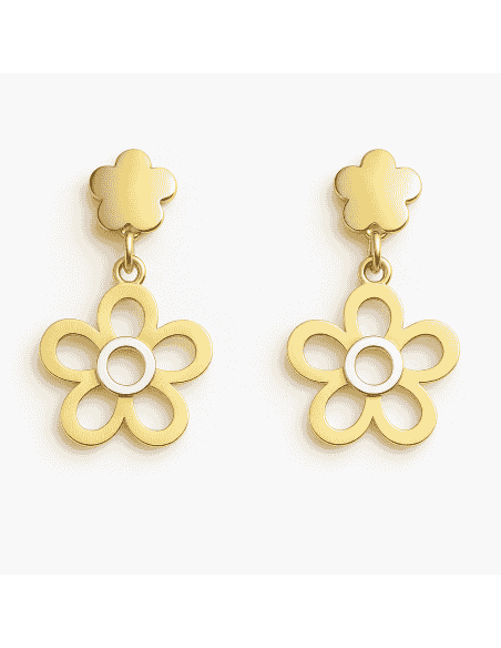 Pendientes para Mujer Oro Bicolor  con motivo Flor Lisa y colgante de  Flor calada - Oro Amarillo y Blanco 18K