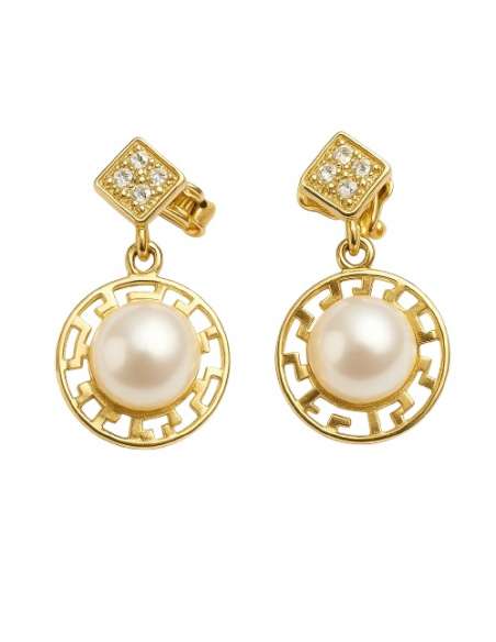 Pendientes para Mujer en Oro Motivo 4 Circonitas con Colgante Calado con Perla Redonda - Oro Amarillo 18K