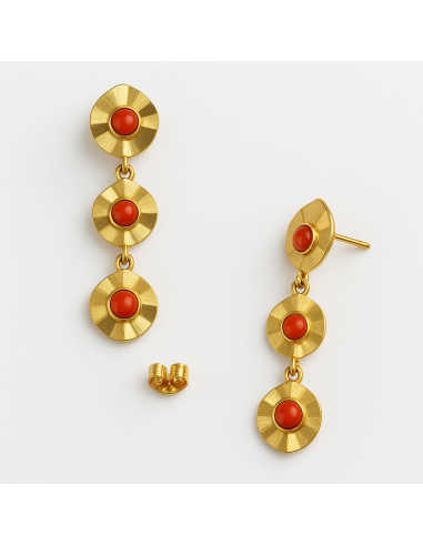 Pendientes Largos para Mujer en Oro  con 3 motivos redondos con coral - Oro Amarillo 18K
