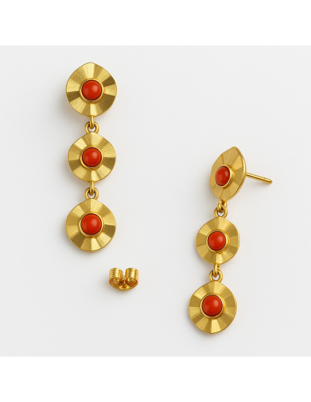 Pendientes Largos para Mujer en Oro  con 3 motivos redondos con coral - Oro Amarillo 18K