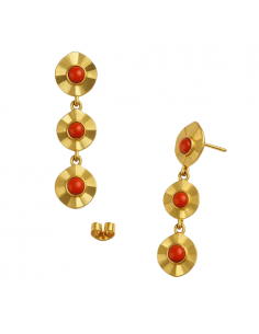 Pendientes Largos para Mujer en Oro  con 3 motivos redondos con coral - Oro Amarillo 18K