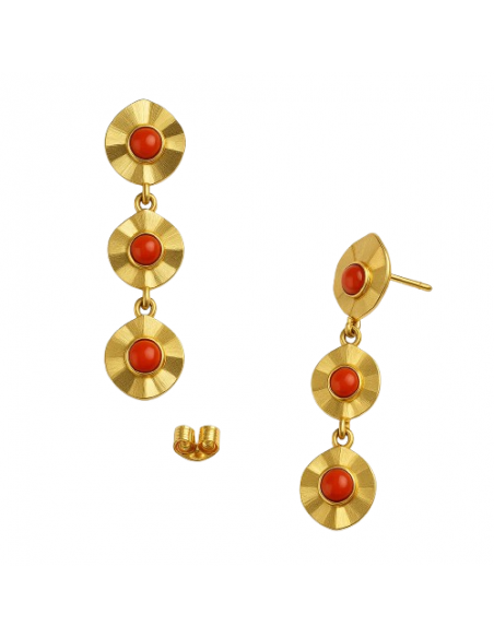 Pendientes Largos para Mujer en Oro  con 3 motivos redondos con coral - Oro Amarillo 18K