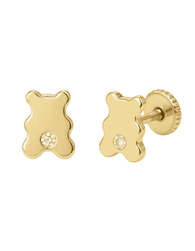 Pendientes para niña en oro Oso con circonita - Oro Amarillo 18K