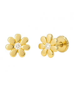 Pendientes para Niña en Oro Flor con circonita central - Oro Amarillo 18K