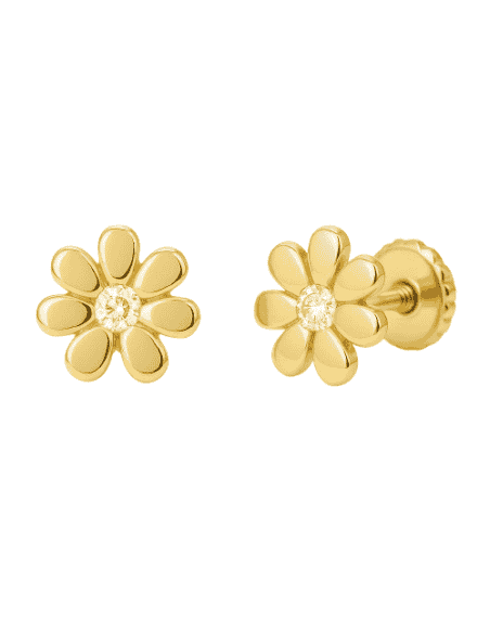 Pendientes para Niña en Oro Flor con circonita central - Oro Amarillo 18K