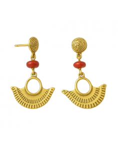 Pendiente para Mujer de Oro con Diseño Inca y Coral Rojo - Oro Amarillo 18K