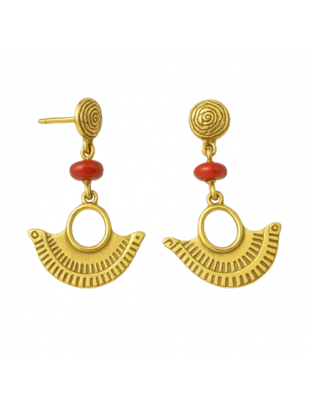 Pendiente para Mujer de Oro con Diseño Inca y Coral Rojo - Oro Amarillo 18K