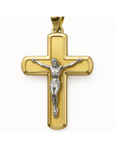 Colgante Cruz con Cristo de Oro Bicolor - Oro Amarillo y Blanco 18k