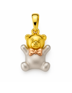 Colgante en oro de tres colores en forma de Osito con pajarita - Oro Amarillo, Blanco y Rosa 18K