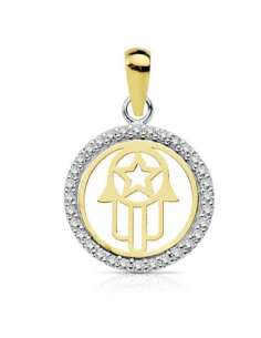 Colgante Mano de Fátima oro Bicolor cerco de circonitas - Oro Amarillo y Blanco 18K