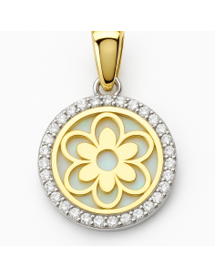 Colgante en Oro Bicolor  Flor con circonitas y nácar - Oro Amarillo y Blanco 18K