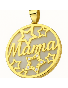 Colgante en Oro "Mamá"con Estrellas, Nácar y Circonitas - Oro Amarillo 18K